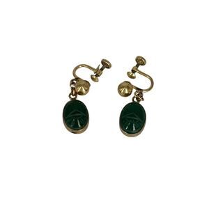 Vintage Amco Gold Filled Chrysoprase Carved Scarab Screw Back Earrings